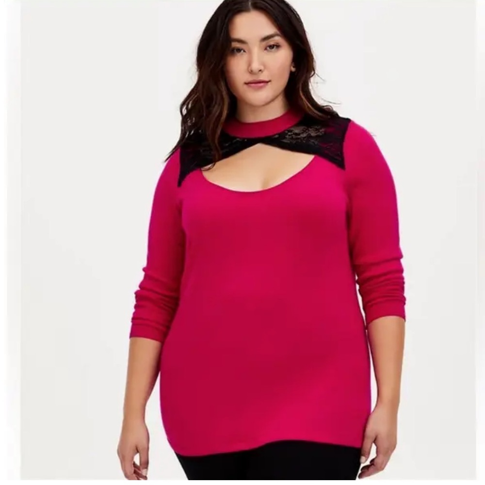 Torrid Fuchsia Knit Sweater Womens Size 5X Lace Keyhole Long Sleeve Pullover